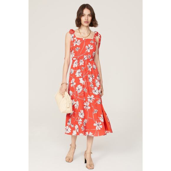 Jason Wu Red Floral Print Tie Shoulder Midi Dress Size 16 - Picture 1 of 12